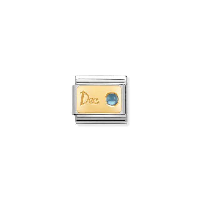 Nomination December blue topaz birthstone Link, yellow-gold plaque on stainless steel, Classic size, close-up on white.