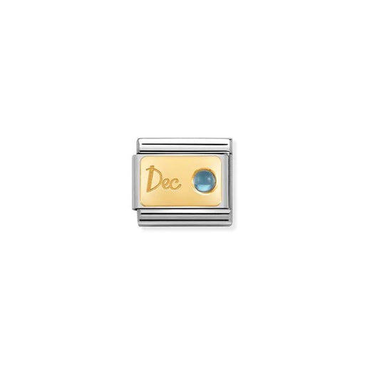 Nomination December blue topaz birthstone Link, yellow-gold plaque on stainless steel, Classic size, close-up on white.