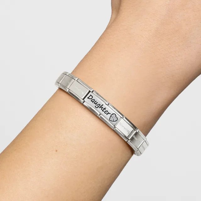 Nomination Double Classic Link Daughter with white CZ heart, shown on a stainless steel Composable bracelet