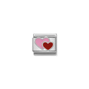 Nomination Classic Link charm with pink and red enamel double hearts in sterling silver on stainless steel