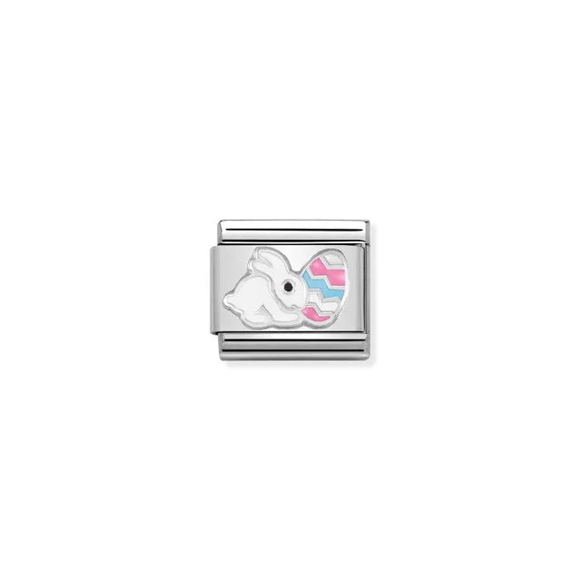 Nomination Classic link with white Easter bunny and pastel egg in enamel on sterling silver and stainless steel