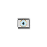 Nomination Classic Greek Eye link in stainless steel with yellow-gold bezel talisman, front view.