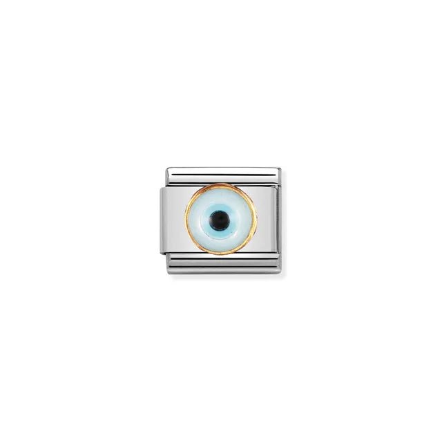 Nomination Classic Greek Eye link in stainless steel with yellow-gold bezel talisman, front view.