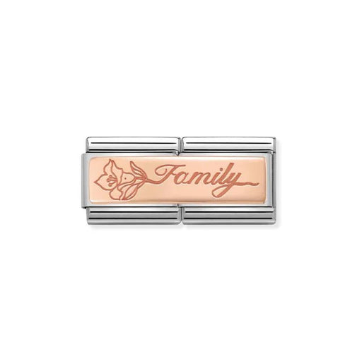 Family script with flower Nomination Double Link in bonded rose gold, close-up