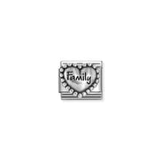 Nomination Classic link charm with FAMILY heart engraving in sterling silver on stainless steel, vintage oxidised finish