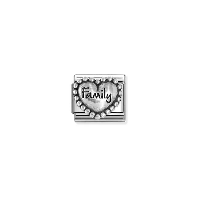Nomination Classic link charm with FAMILY heart engraving in sterling silver on stainless steel, vintage oxidised finish