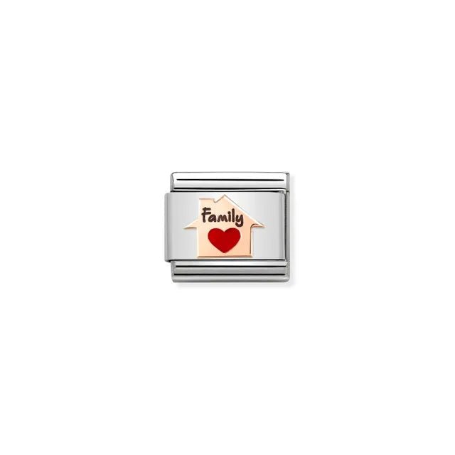 Close-up of Nomination Family Home red heart Classic Link in stainless steel with bonded rose gold and red enamel