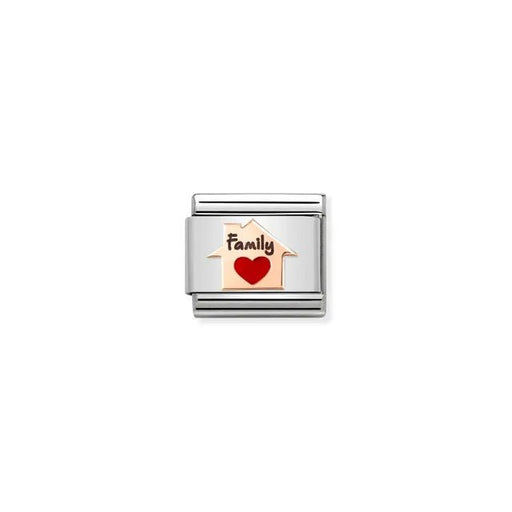 Close-up of Nomination Family Home red heart Classic Link in stainless steel with bonded rose gold and red enamel