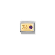 February birthstone Nomination Classic Link in yellow gold with amethyst cabochon, close-up