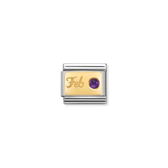 February birthstone Nomination Classic Link in yellow gold with amethyst cabochon, close-up