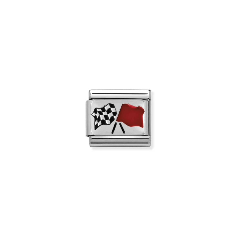 Nomination Finish Line Flags Classic Link in sterling silver and red, black and white enamel with two racing flags.