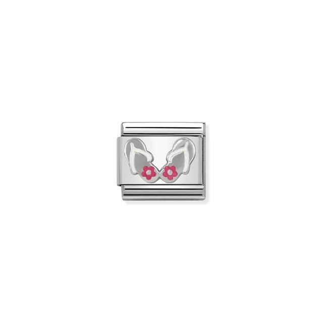 Nomination Classic Link charm with sterling silver flip flops and pink enamel flowers on stainless steel