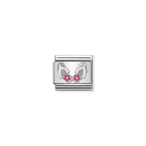 Nomination Classic Link charm with sterling silver flip flops and pink enamel flowers on stainless steel