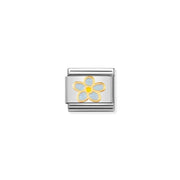 Nomination Classic Link charm showing a five-petal light-blue enamel flower with yellow-gold outline and center on stainless steel