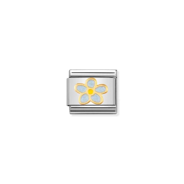 Nomination Classic Link charm showing a five-petal light-blue enamel flower with yellow-gold outline and center on stainless steel