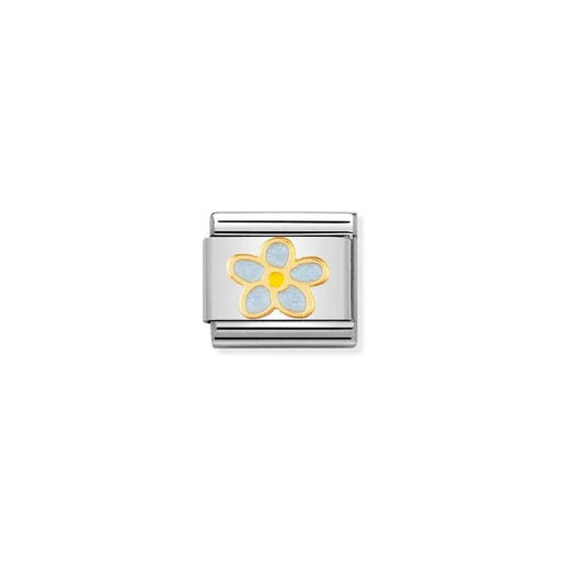 Nomination Classic Link charm showing a five-petal light-blue enamel flower with yellow-gold outline and center on stainless steel