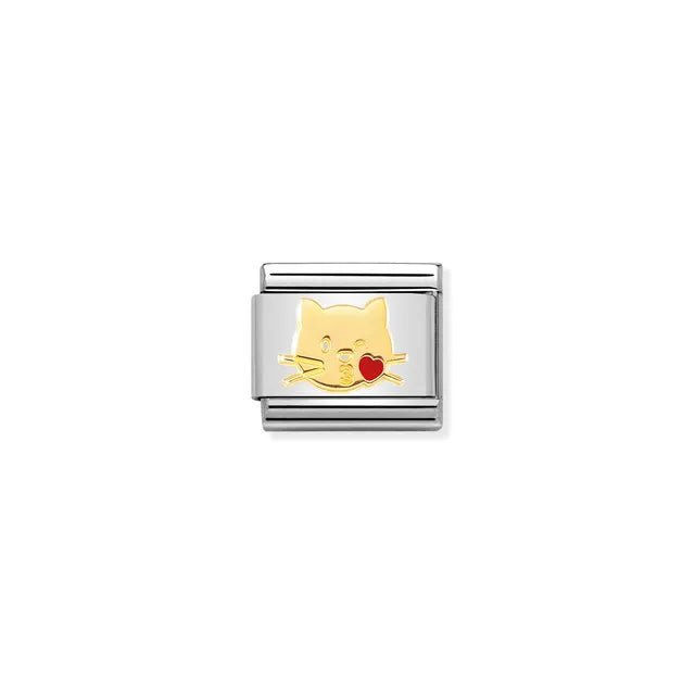 Nomination Classic Link charm with yellow-gold cat blowing a kiss and red enamel heart on stainless steel