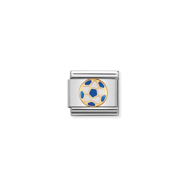 Nomination Classic Link charm with blue-and-white football motif in enamel with yellow-gold outline on stainless steel, for a Nomination Bracelet