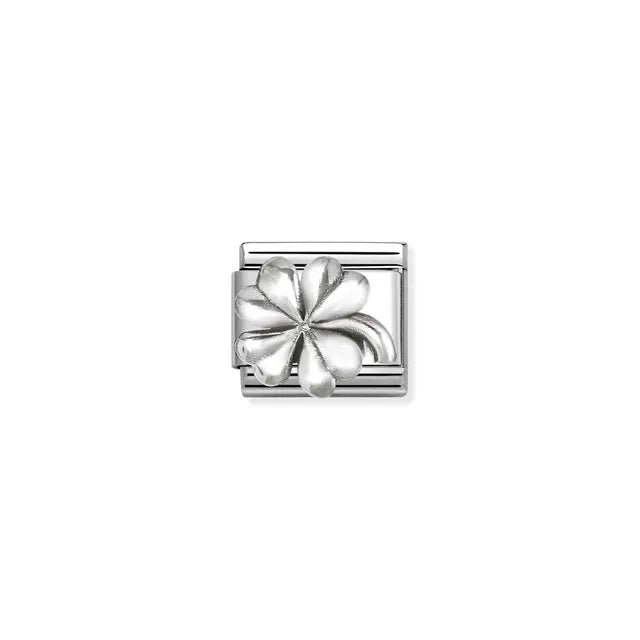 Nomination Classic Link charm with raised silver four-leaf clover on stainless steel, vintage oxidised finish, for a Nomination Bracelet