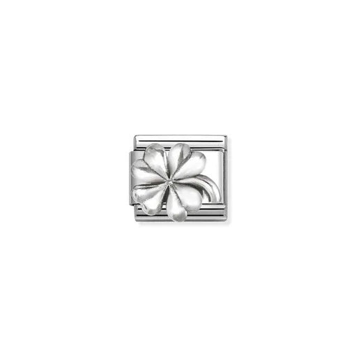 Nomination Classic Link charm with raised silver four-leaf clover on stainless steel, vintage oxidised finish, for a Nomination Bracelet