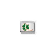 Close-up of Nomination Four-Leaf Clover Classic Link in stainless steel with bonded rose gold outline and green enamel, good-luck charm