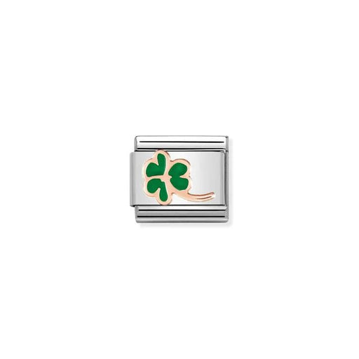 Close-up of Nomination Four-Leaf Clover Classic Link in stainless steel with bonded rose gold outline and green enamel, good-luck charm