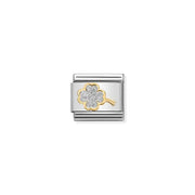Nomination Classic Link charm with four-leaf clover in glitter enamel and bonded yellow-gold outline on stainless steel, for a Nomination Bracelet