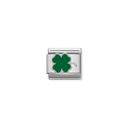 Nomination Classic link charm with green enamel four-leaf clover in sterling silver on stainless steel