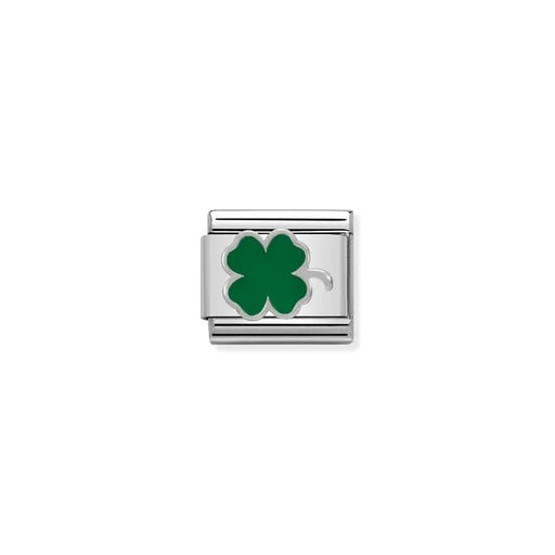 Nomination Classic link charm with green enamel four-leaf clover in sterling silver on stainless steel