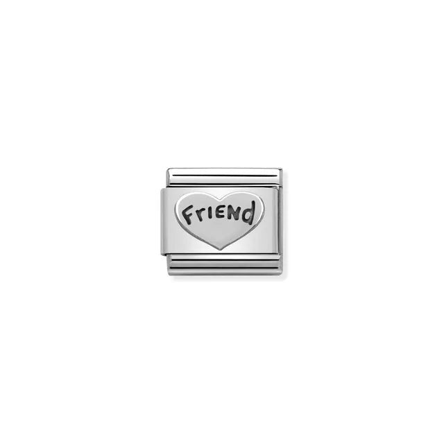 Nomination Classic link charm with Friend heart in sterling silver on stainless steel, black enamel text