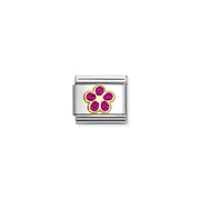 Nomination Classic Link charm with yellow-gold outlined flower filled with fuchsia glitter on stainless steel