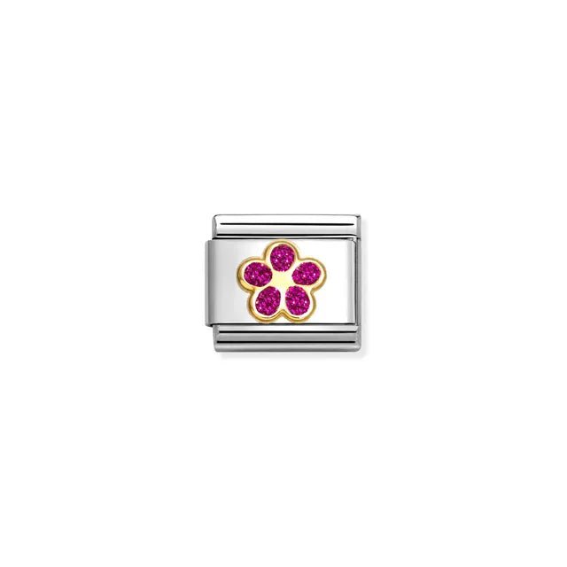 Nomination Classic Link charm with yellow-gold outlined flower filled with fuchsia glitter on stainless steel