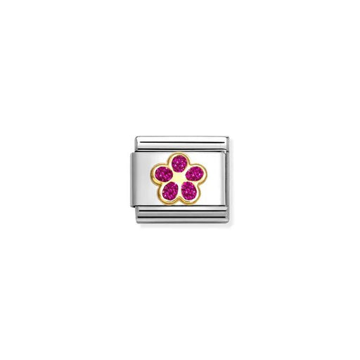 Nomination Classic Link charm with yellow-gold outlined flower filled with fuchsia glitter on stainless steel