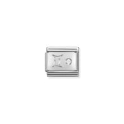 Close-up of Nomination Classic Link Gemini zodiac charm in stainless steel with a sterling-silver symbol and white cubic zirconia, for Composable Classic bracelets.