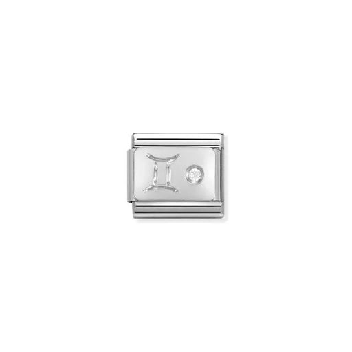 Close-up of Nomination Classic Link Gemini zodiac charm in stainless steel with a sterling-silver symbol and white cubic zirconia, for Composable Classic bracelets.