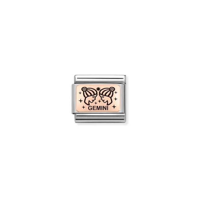 Gemini zodiac Nomination Classic Link in bonded rose gold with black enamel, close-up
