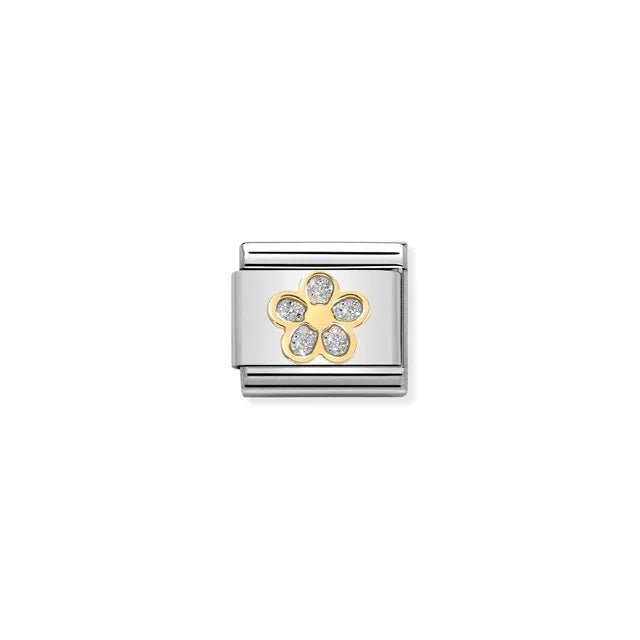 Nomination Classic Link charm with yellow-gold outlined flower filled with silver glitter enamel on stainless steel