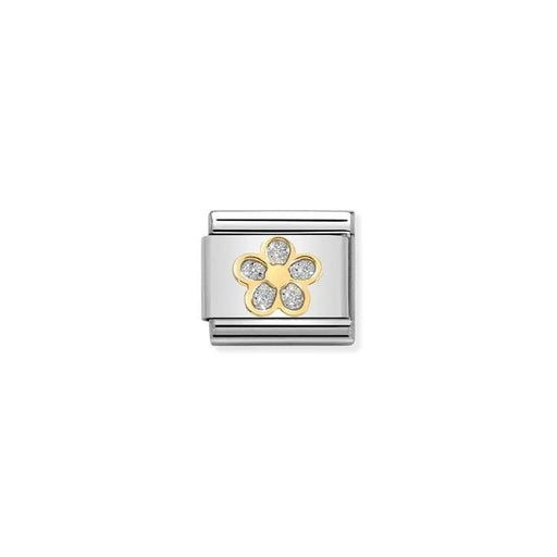 Nomination Classic Link charm with yellow-gold outlined flower filled with silver glitter enamel on stainless steel