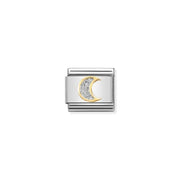 Nomination Classic Link charm with yellow-gold outlined crescent moon filled with silver glitter enamel on stainless steel, for a Nomination Bracelet