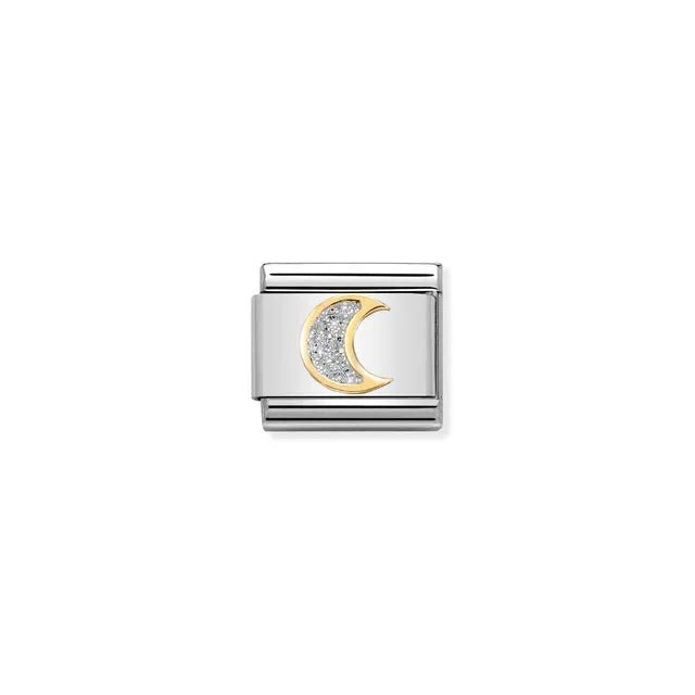 Nomination Classic Link charm with yellow-gold outlined crescent moon filled with silver glitter enamel on stainless steel, for a Nomination Bracelet