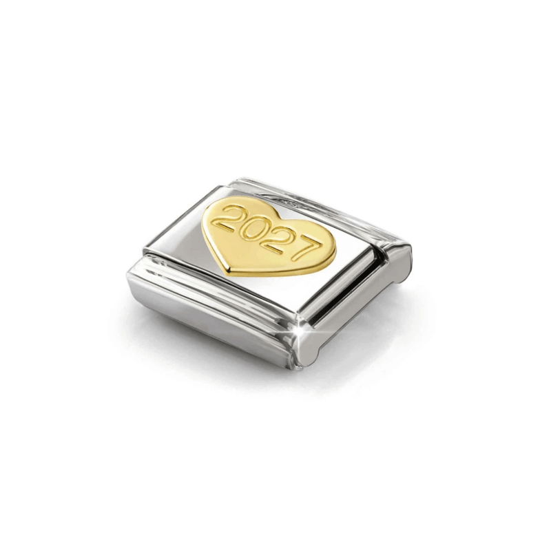 Angled view of Nomination 2027 heart Classic Link in stainless steel and yellow gold