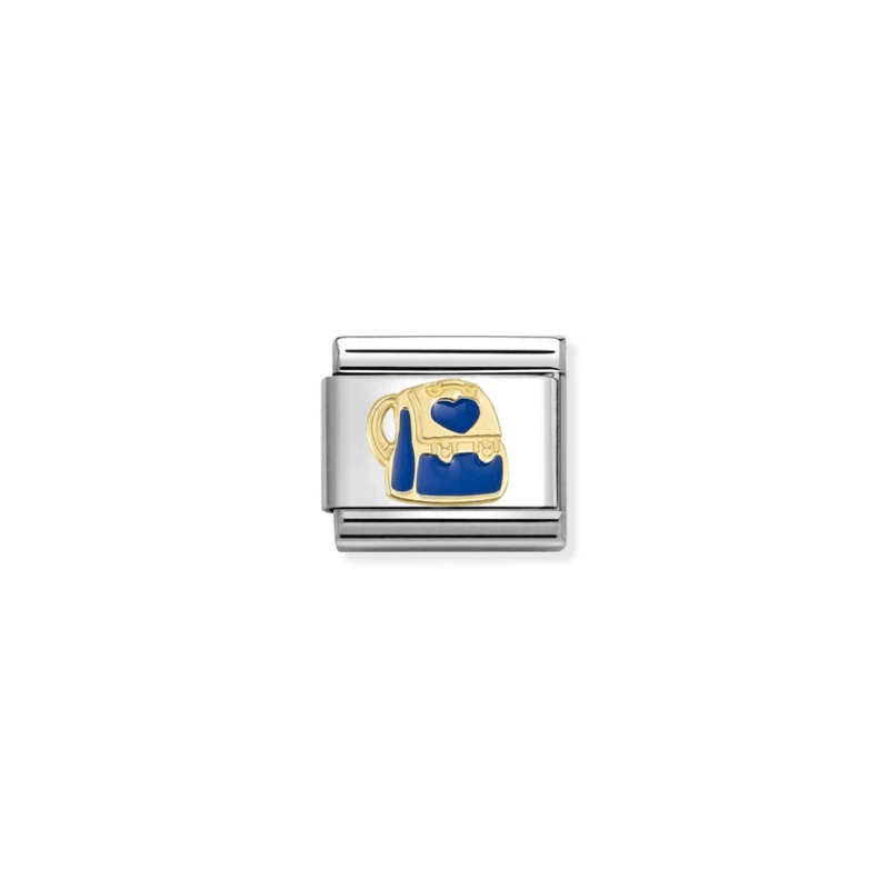 Nomination gold backpack charm with blue enamel and heart detail