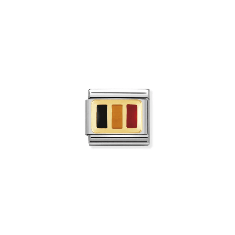 Nomination Belgium Flag Classic Composable Link featuring black, yellow and red enamel stripes framed in bonded yellow gold on stainless steel.