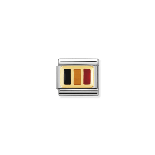 Nomination Belgium Flag Classic Composable Link featuring black, yellow and red enamel stripes framed in bonded yellow gold on stainless steel.