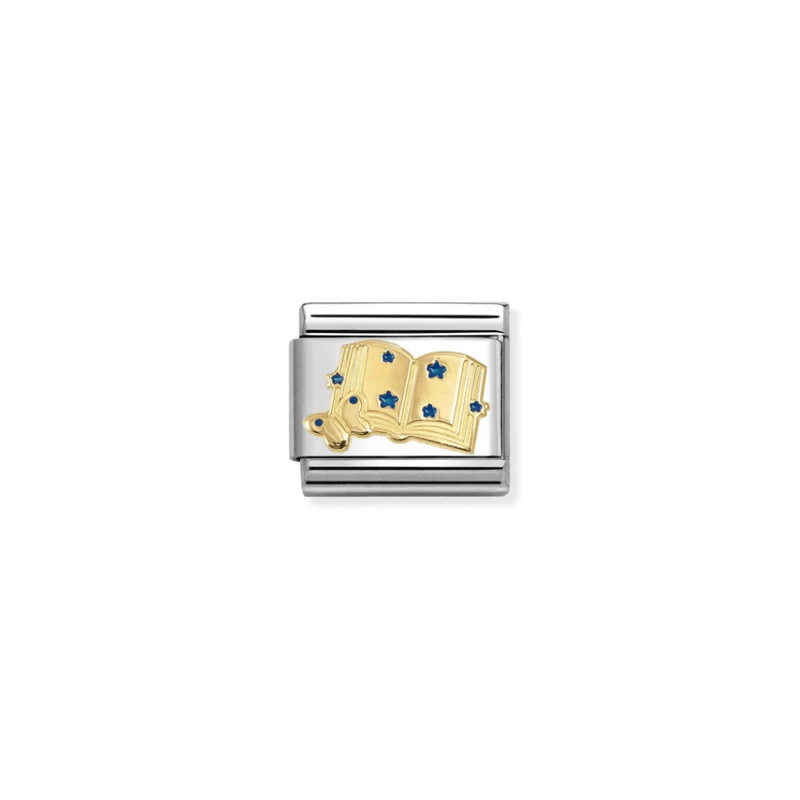 Nomination gold open book charm with butterfly and blue enamel stars