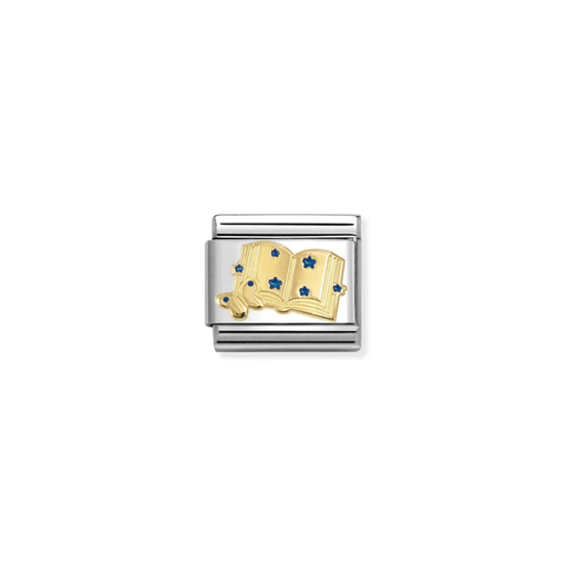 Nomination gold open book charm with butterfly and blue enamel stars