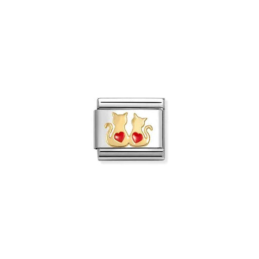 Nomination Gold Cats with Red Hearts Charm in bonded yellow gold and enamel