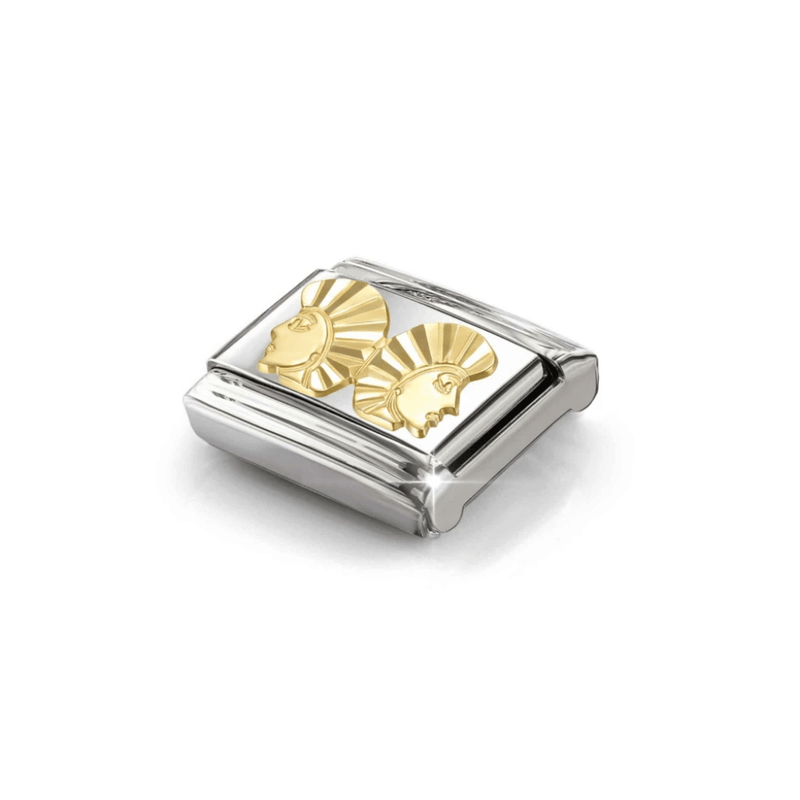 Angled view of Nomination Gemini zodiac Classic Link in stainless steel and yellow gold