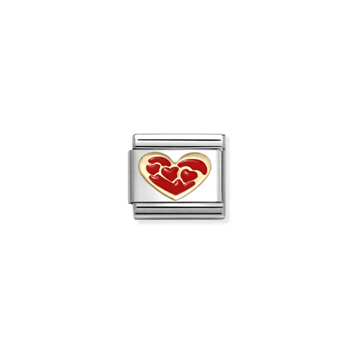 Nomination Hearts Within a Heart Classic Composable Link featuring a gold-framed heart filled with smaller glossy red enamel hearts on stainless steel.