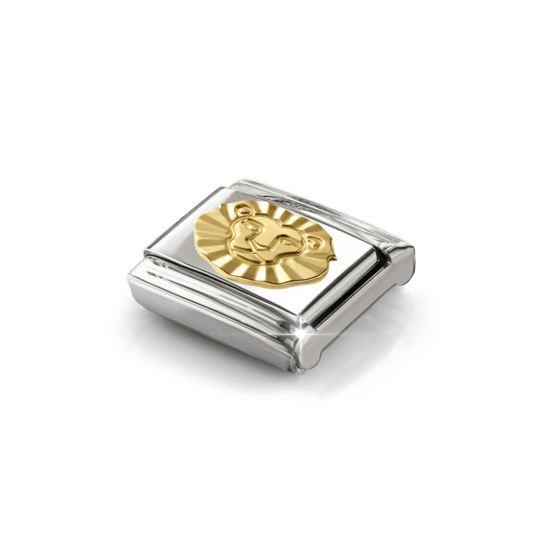 Angled view of Nomination Leo zodiac Classic Link in stainless steel and yellow gold